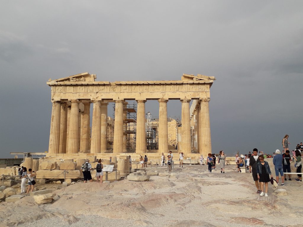 Parthenon on the acropolis on a cloudy day.